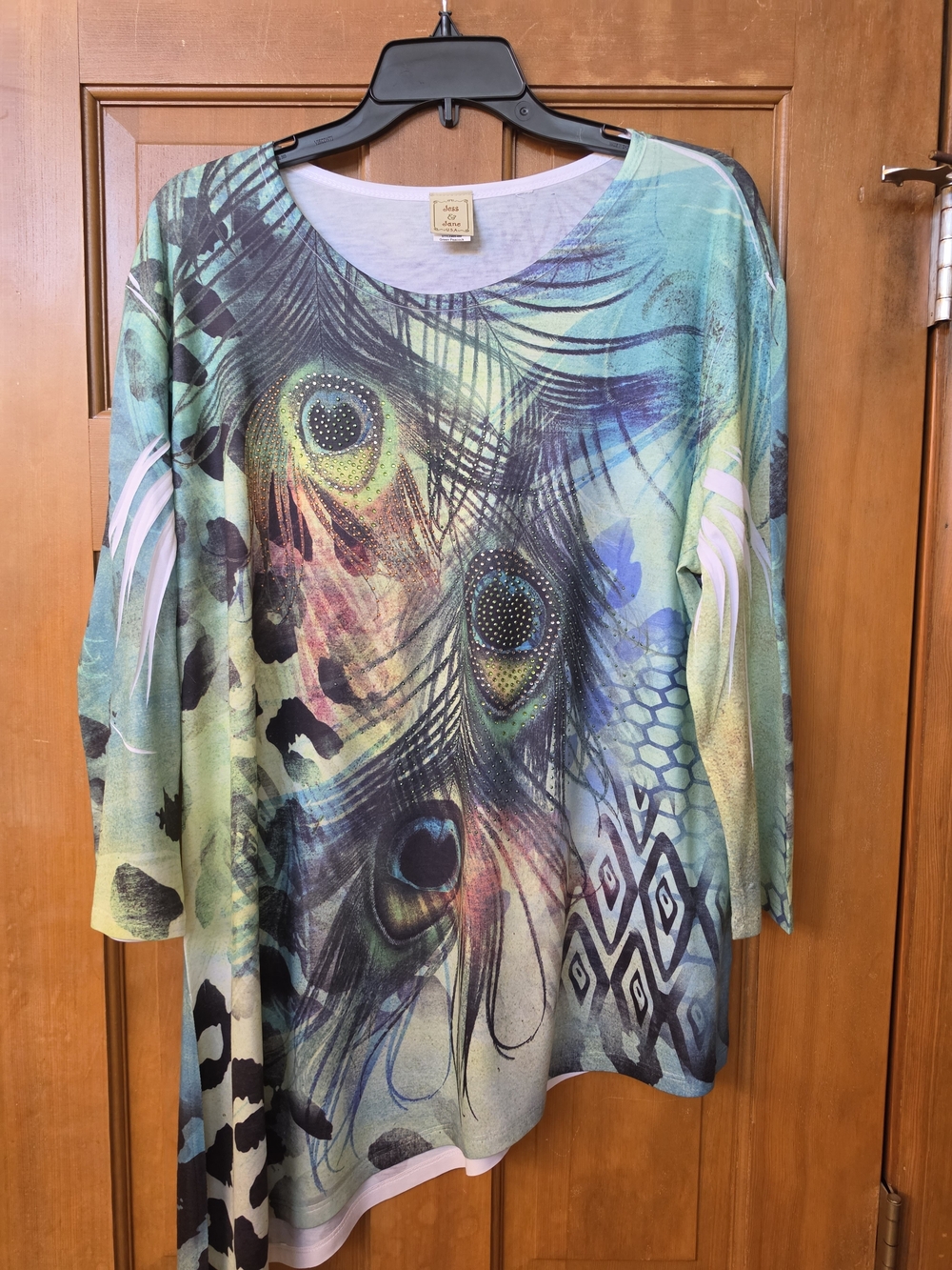 Peacock Feather Print Long Sleeve Women’s Top - Aqua Green